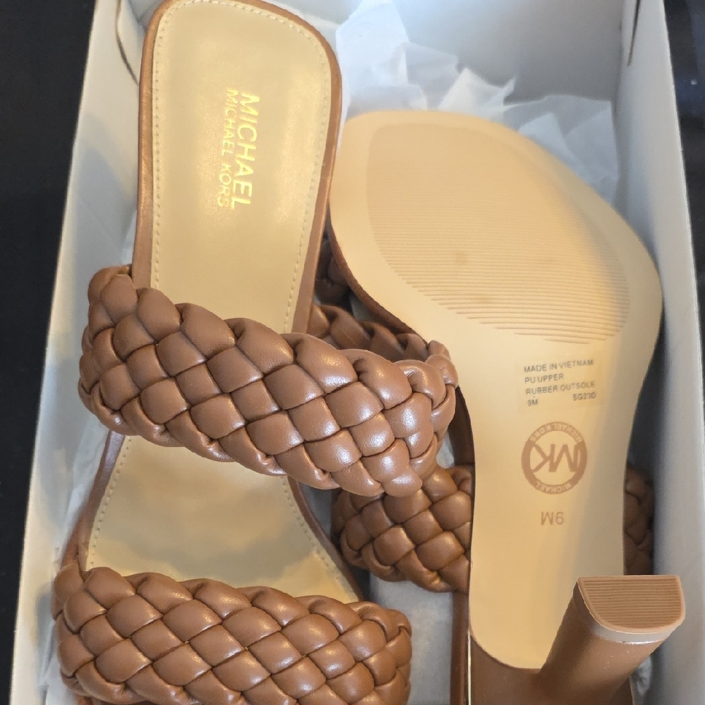 Michael Kors Tan Braided Leather Double-Strap Slide Sandals - Picture 2 of 5